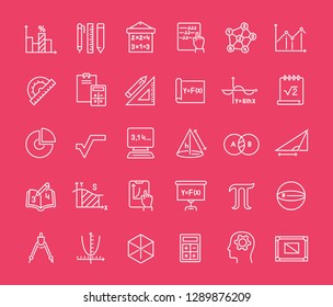 Collection of line white icons of mathematics. Set of vector simple elements with bold outlines on a color background. Info graphics signs and pictograms.