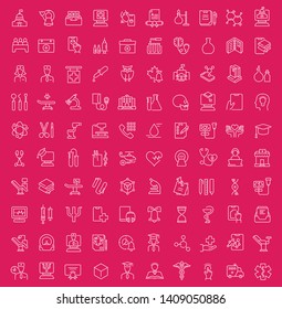 Collection of line white icons of medical education. Set of vector simple elements with bold outlines on a color background.