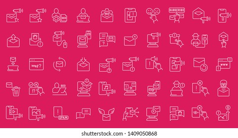 Collection of line white icons of online advertising. Set of vector simple elements with bold outlines on a color background. Info graphics signs and pictograms.