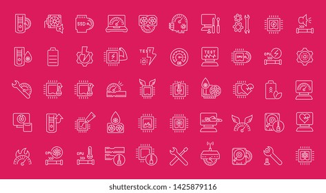 Collection of line white icons of overclocking. Set of vector simple elements with bold outlines on a color background. Info graphics signs and pictograms.