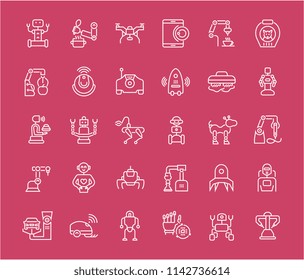 Collection of line white icons of robots. Set of vector simple elements with bold outlines on a color background. Info graphics signs and pictograms.