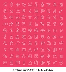 Collection of line white icons of science. Set of vector simple elements with bold outlines on a color background. 