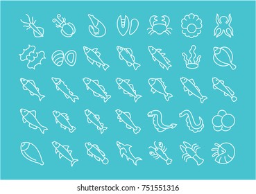 Collection of line white icons of seafood. Set of vector simple elements with bold outlines on a color background. Info graphics signs and pictograms.