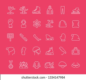 Collection of line white icons of skating sports. Set of vector simple elements with bold outlines on a color background. 