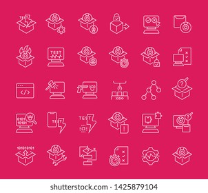 Collection of line white icons of software testing. Set of vector simple elements with bold outlines on a color background. Info graphics signs and pictograms.