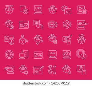 Collection of line white icons of software. Set of vector simple elements with bold outlines on a color background. Info graphics signs and pictograms.