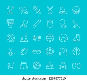 Collection of line white icons of sport. Set of vector simple elements with bold outlines on a color background. 
