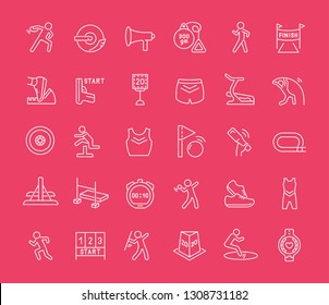 Collection of line white icons of sport of athletics. Set of vector simple elements with bold outlines on a color background.