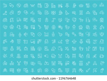 Collection of line white icons of technology. Set of vector simple elements with bold outlines on a color background. Info graphics signs and pictograms.