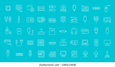 Collection of line white icons of upgrading computer components. Set of vector simple elements with bold outlines on a color background.