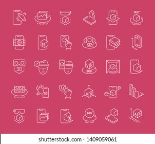 Collection of line white icons of VR and AR. Set of vector simple elements with bold outlines on a color background. 