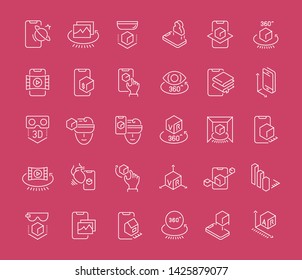 Collection of line white icons of VR and AR. Set of vector simple elements with bold outlines on a color background. 
