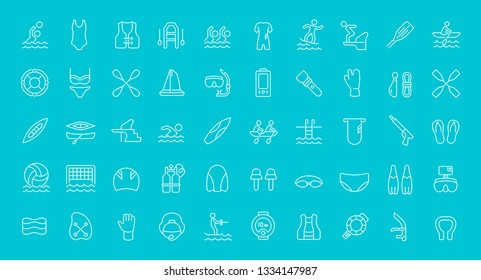 Collection of line white icons of water sport. Set of vector simple elements with bold outlines on a color background. Info graphics signs and pictograms.