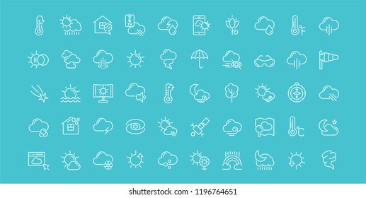 Collection of line white icons of weather. Set of vector simple elements with bold outlines on a color background.
