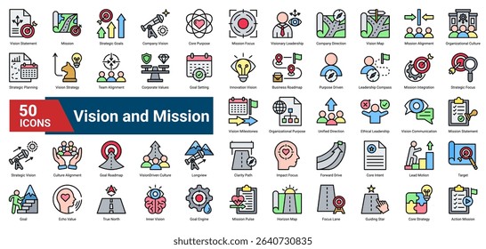 A collection of lineal color style Vision and Mission icons. Containing leadership, goals, direction, values, alignment, roadmaps, and more. Perfect for business decks and presentations.