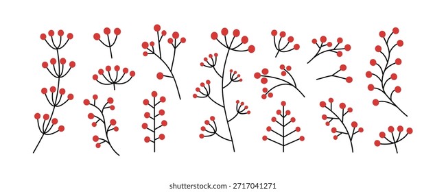 Coleção de Mão Lineal desenhada Red Berry Branches e Sprigs. Conjunto de ilustrações de gêmeos de frutos silvestres estilizados. Inflorescências de flores