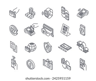 Colección de iconos lineales 3d que representan varios métodos de pago. El conjunto incluye ilustraciones de contorno con trazos editables. Ilustración vectorial para un uso versátil.