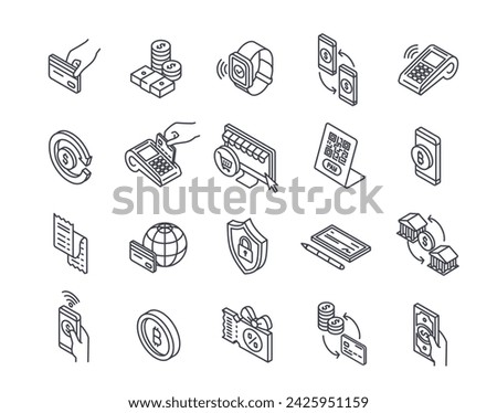 Collection of linear 3d icons depicting various payment methods. Set includes outline illustrations with editable strokes. Vector artwork for versatile use.