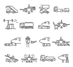 Collection of linear airport ground support icons vector illustration. Set of different monochrome transport service machinery isolated on white. Bundle of transportation for delivery or shipping