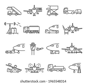 Collection of linear airport ground support icons vector illustration. Set of different monochrome transport service machinery isolated on white. Bundle of transportation for delivery or shipping