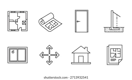 Sammlung von linearen Architektur Blaupause Konstruktion und Design-Ikonen. Enthält Elemente als Grundfenster der Planwalze. Isolierte Vektorgrafik