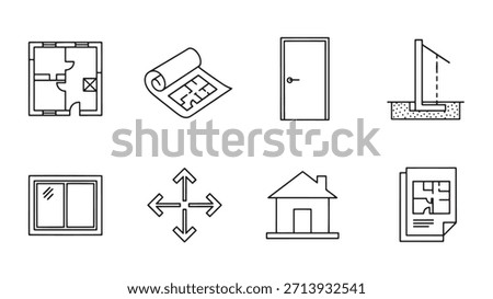 Collection of linear architecture blueprint construction and design icons. Contains elements as plan roll door foundation window. Isolated vector