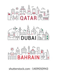 The collection of linear banners for cards and websites. Illustrations of Dubai, Qatar and Bahrain.