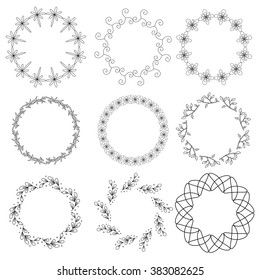 Collection of linear black and white decorative wreaths made from decorative elements of thorn, crosses, charm symbol, willow tree blossom, branches with spring leaves.