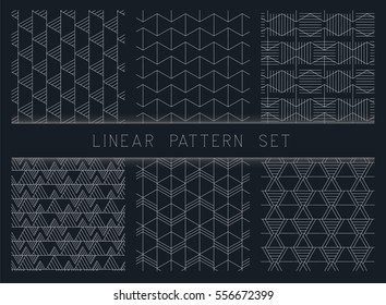 Collection of linear black and white geometric pattern textures. Set of 6 backgrounds. Seamless repeating monochrome texture set.