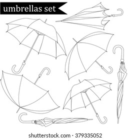 Collection of linear black-and-white umbrellas, isolated on white background, vector illustration.