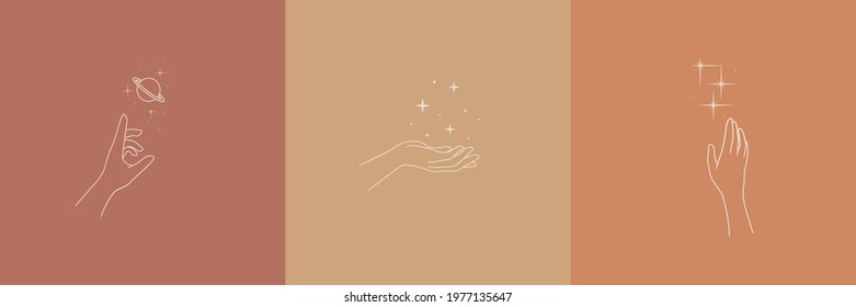 Collection of linear boho symbols - stars in hands. Vector illustration