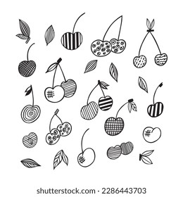 Collection of linear botanical sketches of cherry fruit and berry halves.Vector graphics.