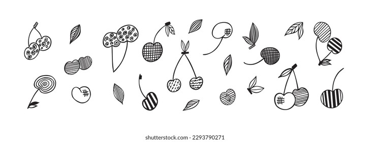 Collection of linear botanical sketches of cherry fruit and berry halves.Vector graphics.
