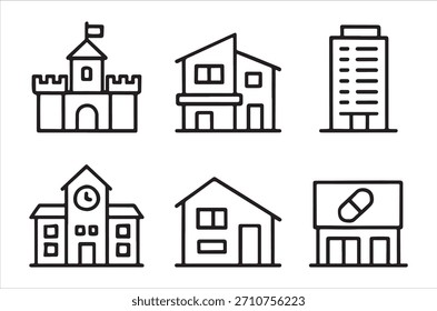 Uma coleção de ícones de edifícios lineares, representando diferentes estruturas e elementos urbanos.