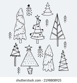 Sammlung linear von Weihnachtsbäumen. Verschiedene Bäume, mit Gartenanlage, einfach und abstrakt. umrissen. Vektor einzeln handgezeichnet für Feriendekoration, Design, Karten und Druck