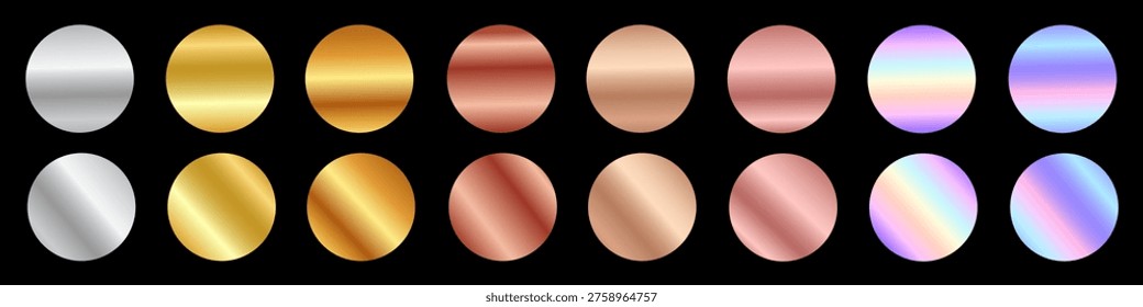 Collection of linear circle gradient swatches with silver, gold, rich copper, and soft rose gold and iridescent pastel holographic