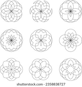 Collection of linear circular decorative elements vector. Mandala, circular motifs.