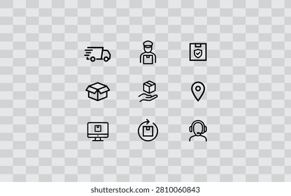 Collection of linear delivery and logistics icons, including truck, courier, tracking, location, and customer support symbols