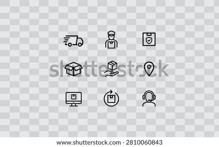 Collection of linear delivery and logistics icons, including truck, courier, tracking, location, and customer support symbols