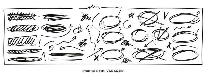 Collection of linear design elements for notes. Hand drawn with a thin marker, the symbols of the entries in the notebook. Highlighting, arrows, cross, check mark strikethrough, underline, textbox
