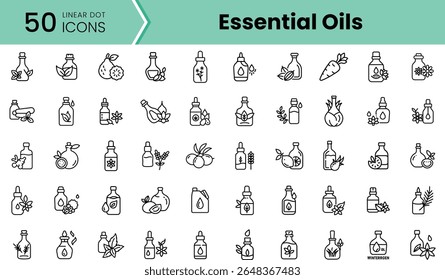 Collection of linear dot icons depicting various essential oils and their ingredients, showcasing a minimalist design perfect for wellness-related themes.