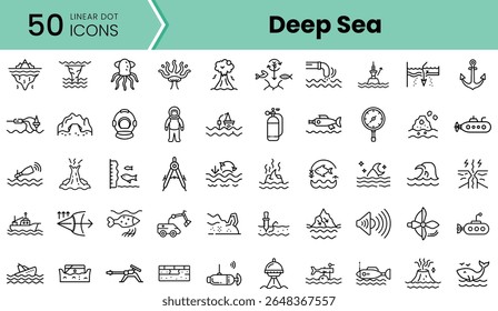 Uma coleção de ícones de pontos lineares retratando temas do mar profundo, incluindo submarinos, peixes, equipamentos marinhos e exploração submarina, mostrando um design minimalista.