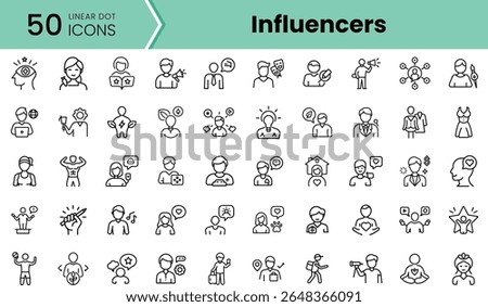 A collection of linear dot icons depicting various influencers in diverse activities, featuring different genders and roles, ideal for social media or marketing themes.