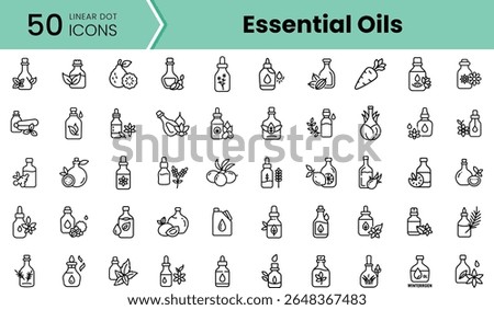 Collection of linear dot icons depicting various essential oils and their ingredients, showcasing a minimalist design perfect for wellness-related themes.