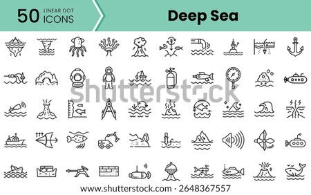 A collection of linear dot icons depicting deep sea themes, including submarines, fish, marine equipment, and underwater exploration, showcasing a minimalist design.