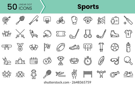 A collection of linear dot icons representing various sports, featuring equipment, activities, and competitions in a clean, minimalist design.