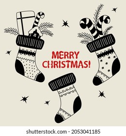 Collection Linear drawing Christmas sock. New Years gift, Gingerbread and caramel striped sweets with fir branches. Vector illustration. Sketch outline. For New Year cards, greetings, prints
