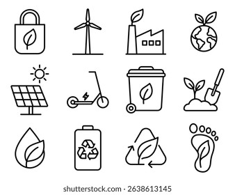 Collection of linear eco icons for sustainability themes. Editable stroke.
