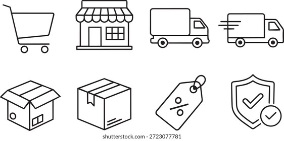 colección de iconos lineales de comercio electrónico con Carrito de compras storefront entrega camión cajas de cartón etiqueta de Precio y escudo de seguridad