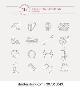 Collection of linear equestrian icons with different horse riding gear, including bits, saddle, snaffle, helmet, boots. Perfect detailed equine symbos. Modern horse riing graphic design for web. 